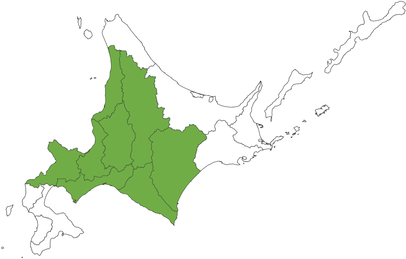 北海道の白地図画像。空知総合振興局、石狩振興局、後志総合振興局、胆振総合振興局、日高振興局、上川総合振興局、十勝総合振興局が緑色で塗られている。