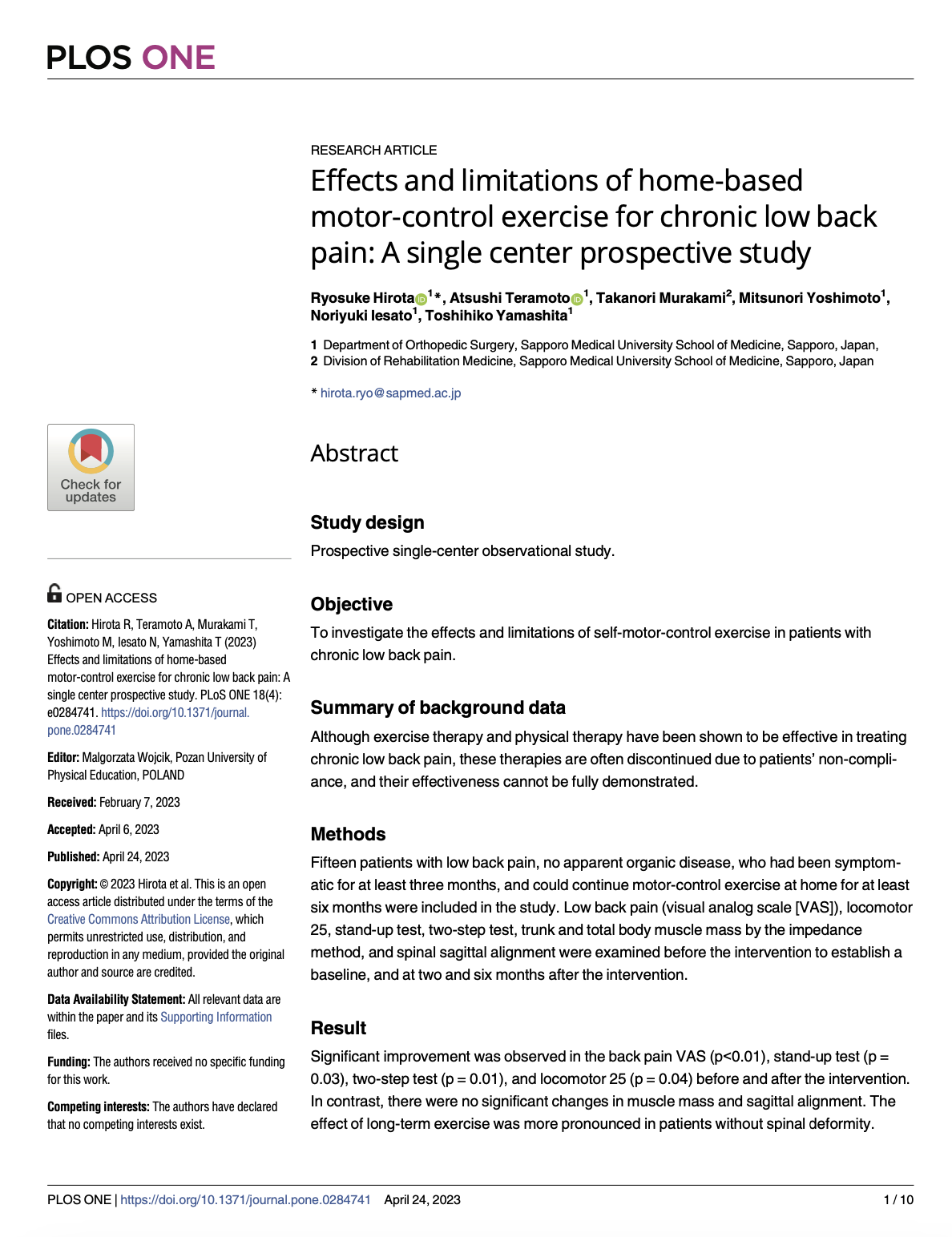 Effects and limitations of home-based motor-control exercise for chronic low back pain: A single center prospective study