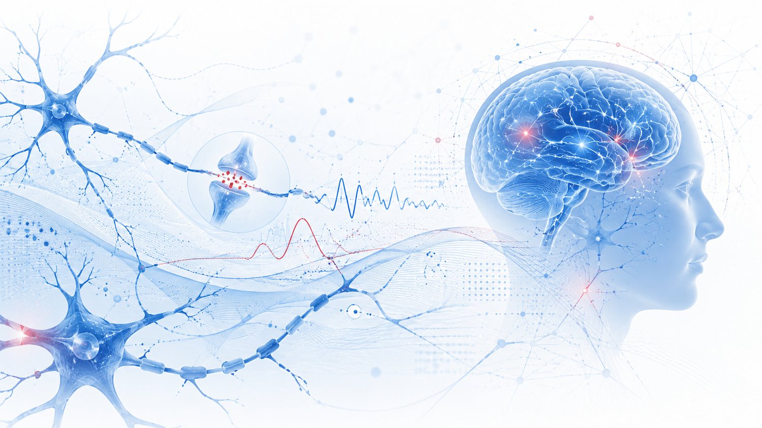 Abstract neural circuit illustration with neurons, dendrites, dendritic spines, and glial cells